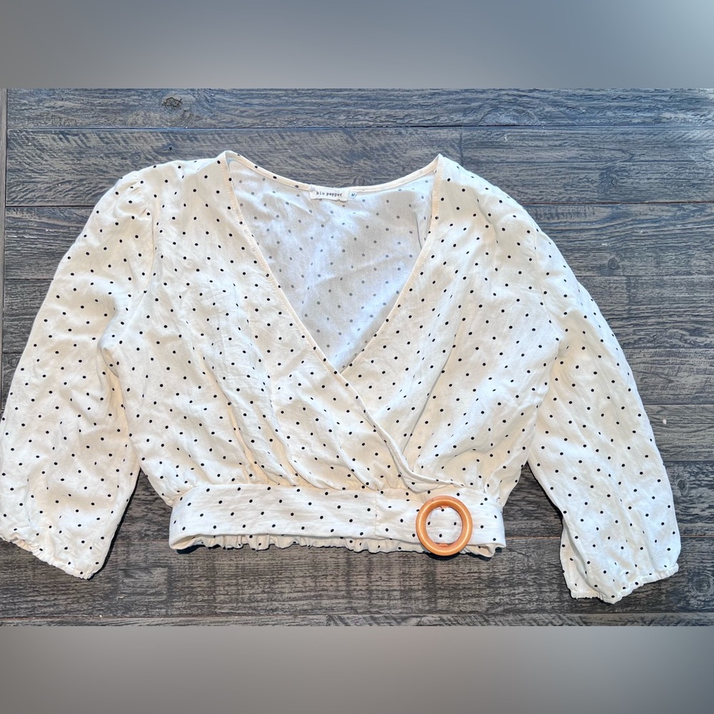 Blu Pepper cropped cream and polka dot wrap style blouse with wooden detail